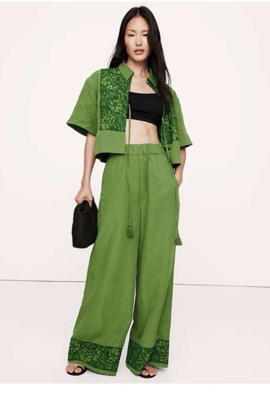 Banana Republic Embroidered Tencel Linen Wide Leg Pan Green #775213